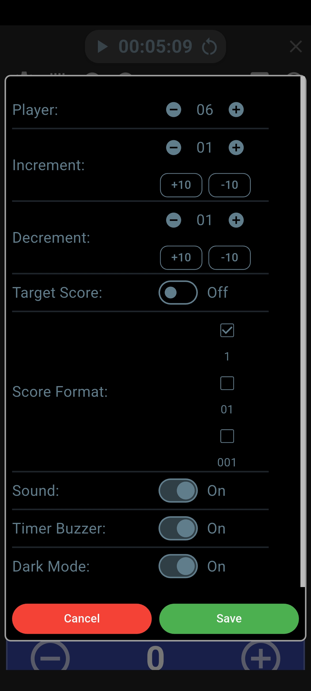 Multi Player settings with six players selected, separate Increment and Decrement amounts, a Target Score switch and a Save button.