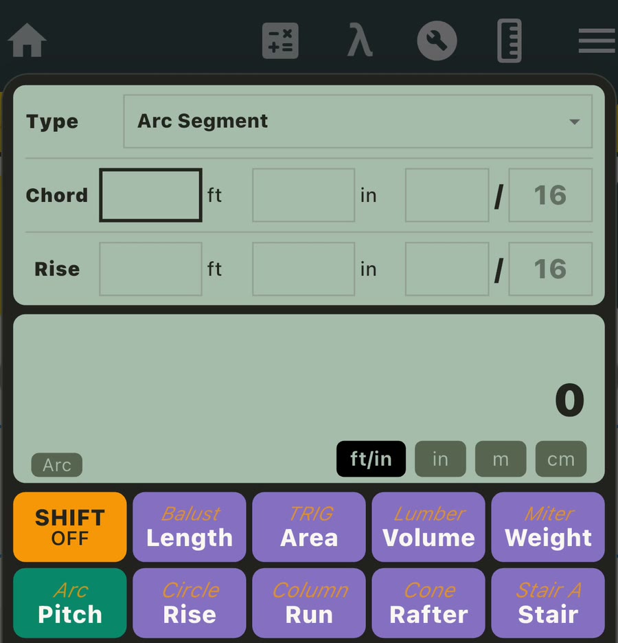 Unit Converter Arc Segment tool with chord and rise input fields