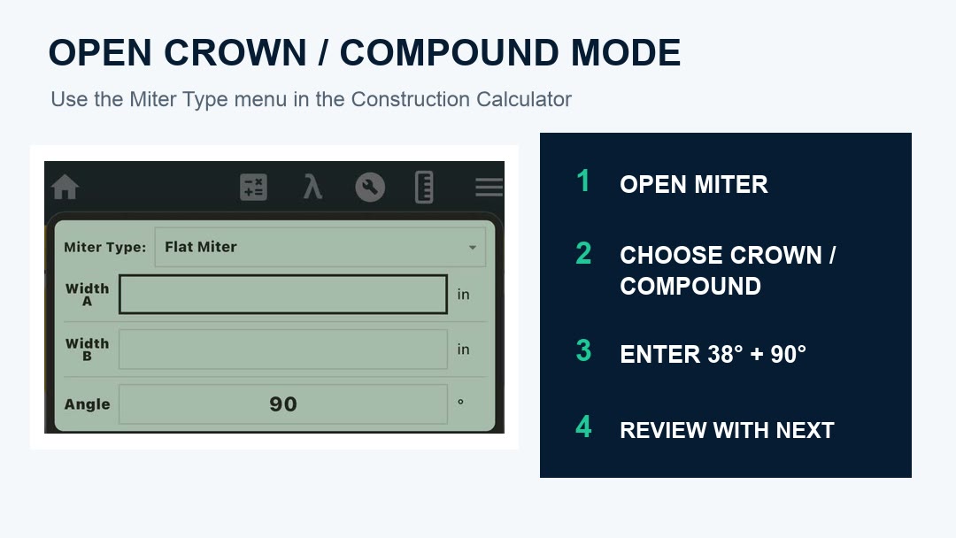 Steps for opening Crown Compound mode in the Unit Converter Miter tool