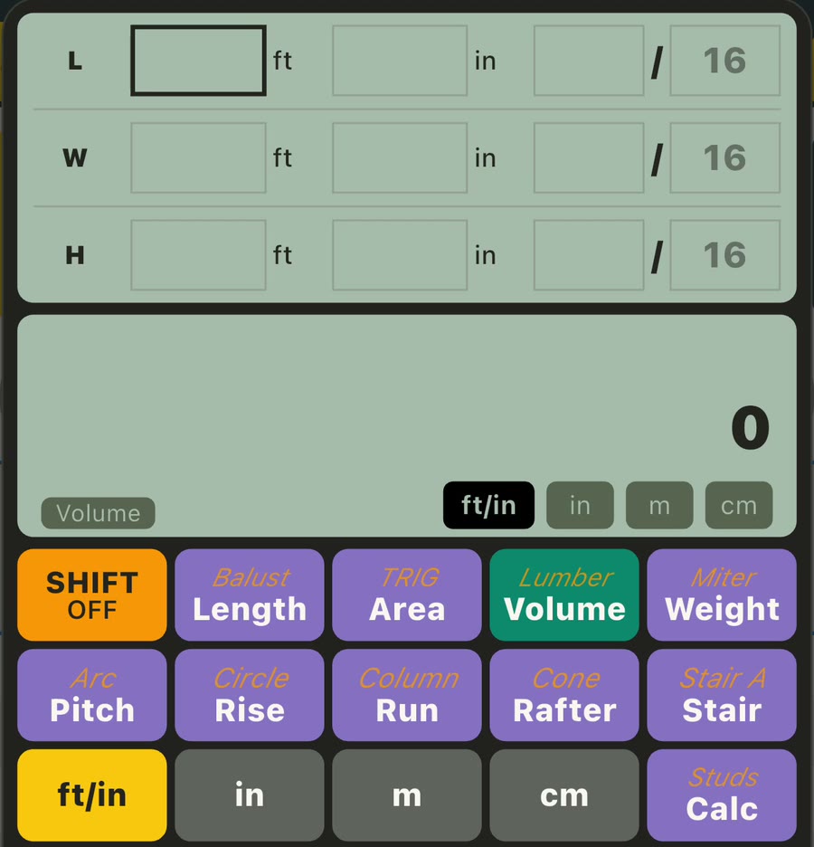 Unit Converter Volume mode with length, width, and height input fields