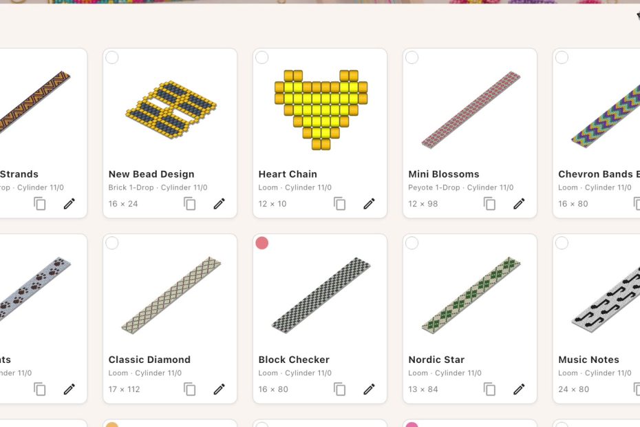Bead Home library of saved bead patterns with names, previews, and colored label dots on several design cards.