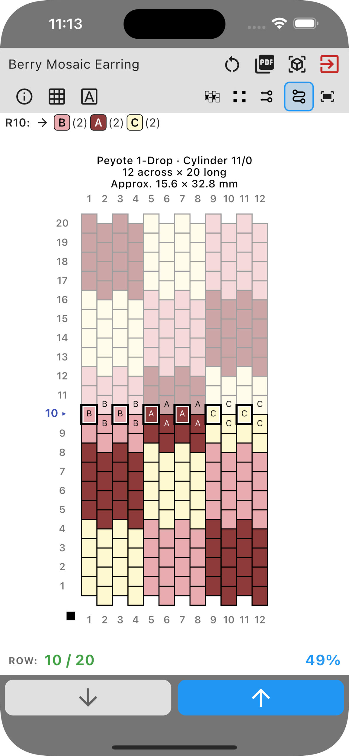 Berry Mosaic earring chart in Work mode with row 10 highlighted and B(2), A(2), C(2) pickup instructions.