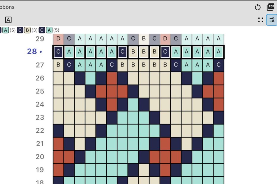 Bead Designer Work mode highlighting row 28 of a peyote bead pattern with the pickup sequence shown above.