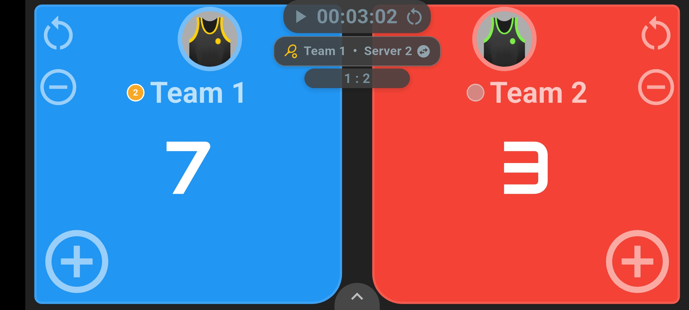 Pickleball scoreboard showing Team 1 at seven points, Team 2 at three, and the Team 1 Server 2 indicator with timer and game totals.