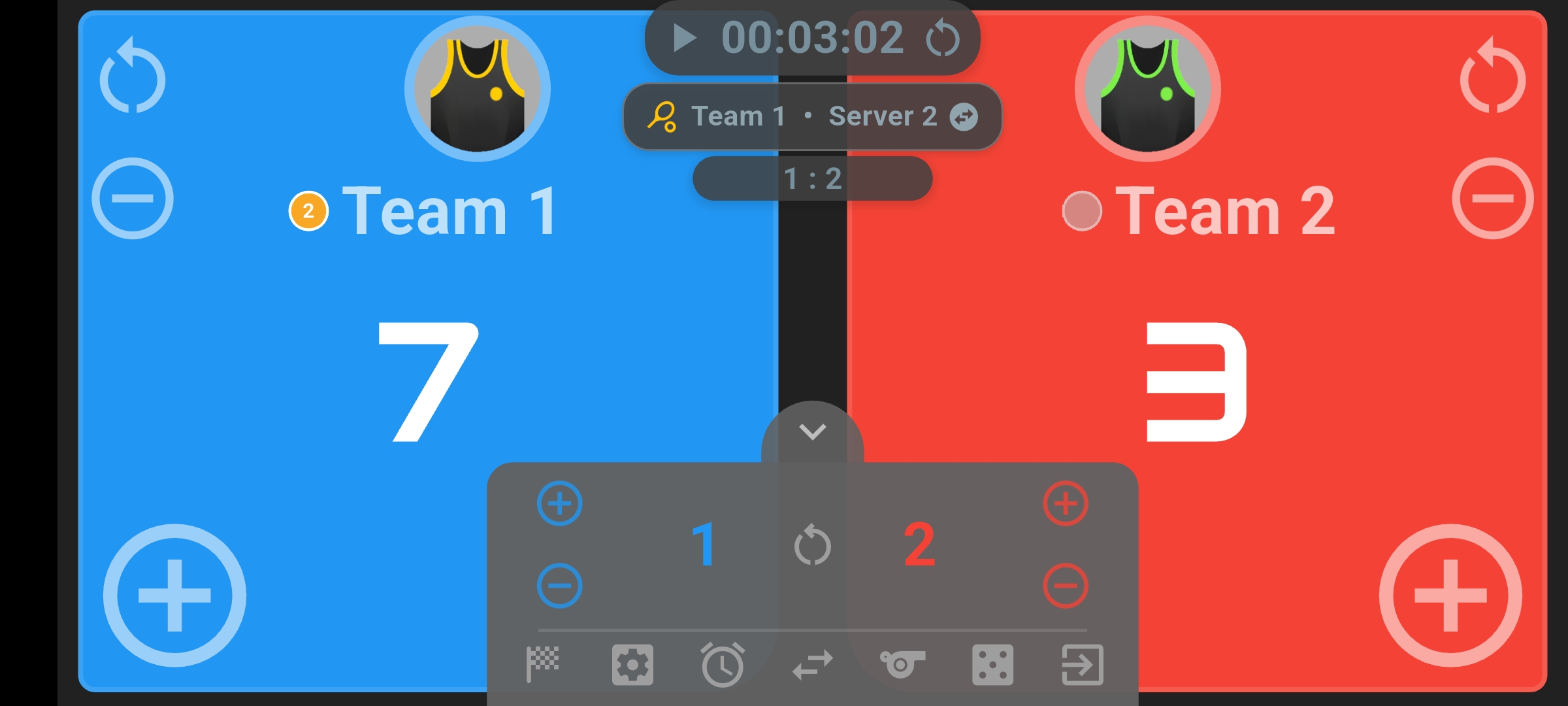 Pickleball scoreboard with bottom controls open, showing separate plus and minus controls for games won and the finish flag, settings and timer buttons.