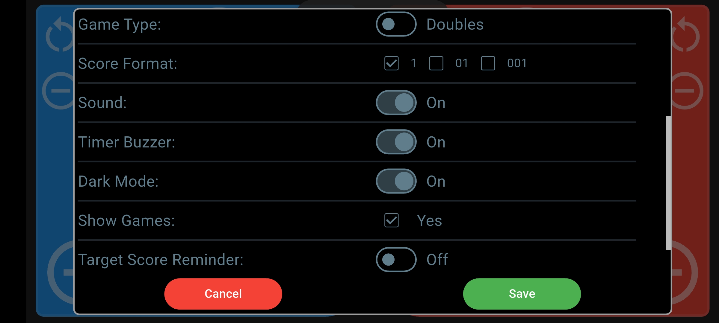 Pickleball settings showing Game Type set to Doubles, score format, sound, timer buzzer, games display and target-score reminder.