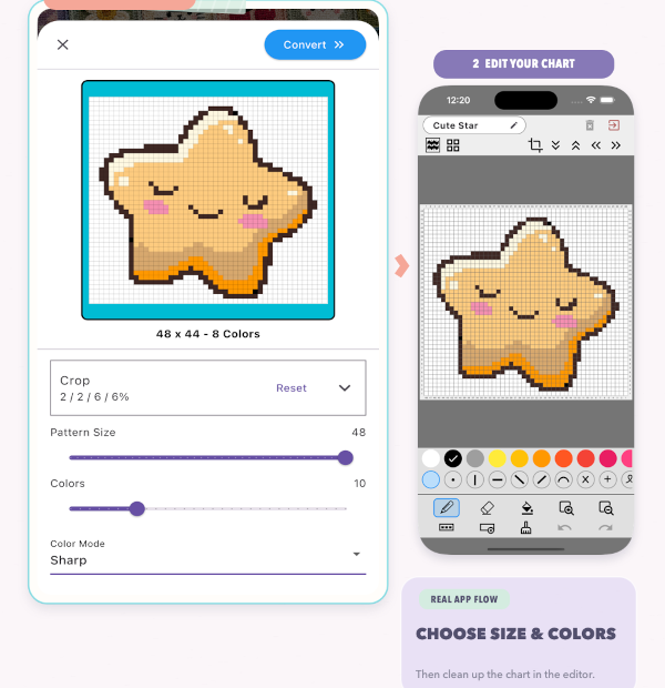 Knitting chart converter showing a star picture with crop, pattern size and color controls beside the editable star chart.
