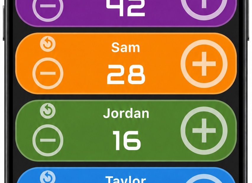 Multi Counter pitch-counting example with the optional timer at 00:46:05, Game 1 and Game 2 groups, and counts for Alex 42, Sam 28, Jordan 16, Taylor 9 and Casey 0.