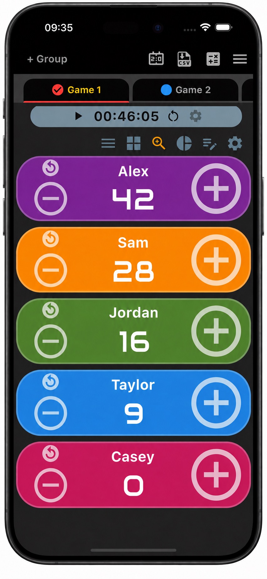Multi Counter pitch-counting example with the optional timer at 00:46:05, Game 1 and Game 2 groups, and counts for Alex 42, Sam 28, Jordan 16, Taylor 9 and Casey 0.