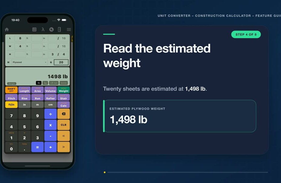 Plywood weight calculator estimating 1,498 pounds for twenty 4 by 8 foot sheets of three-quarter-inch plywood