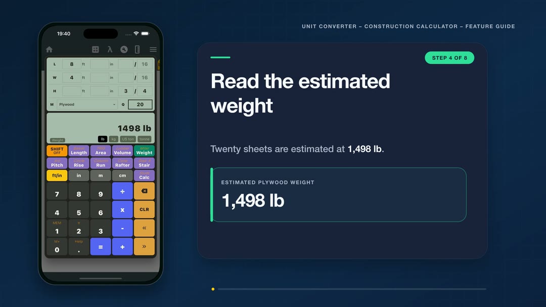 Plywood weight calculator estimating 1,498 pounds for twenty 4 by 8 foot sheets of three-quarter-inch plywood