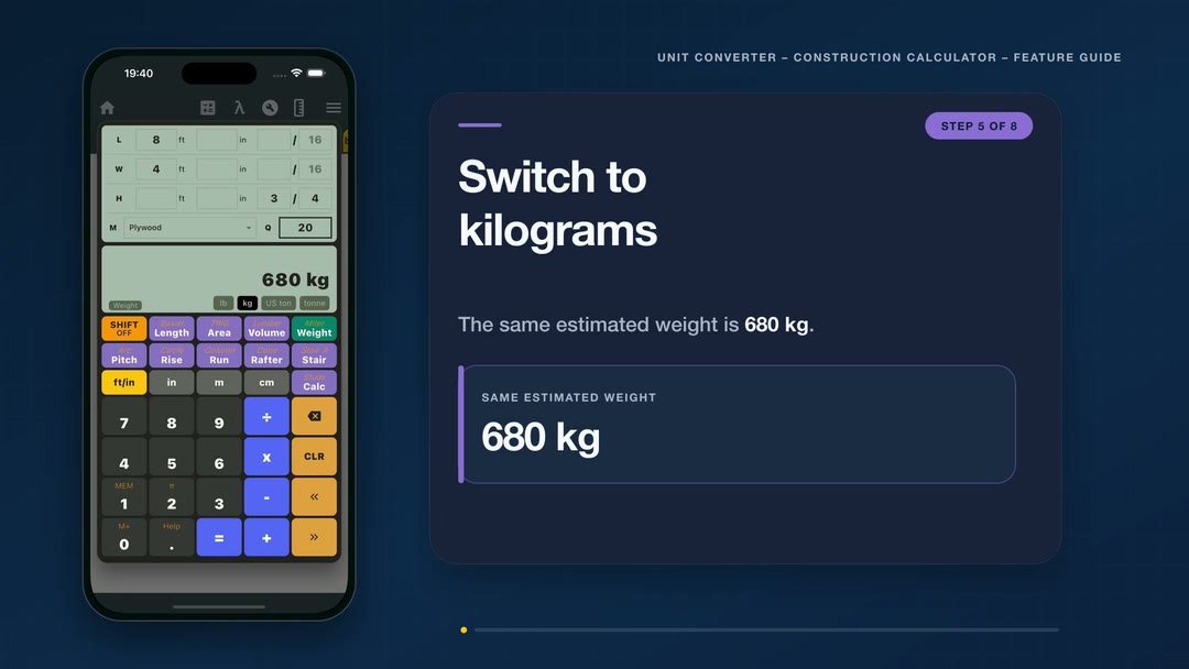 Plywood weight calculator showing the same twenty-sheet load as 680 kilograms