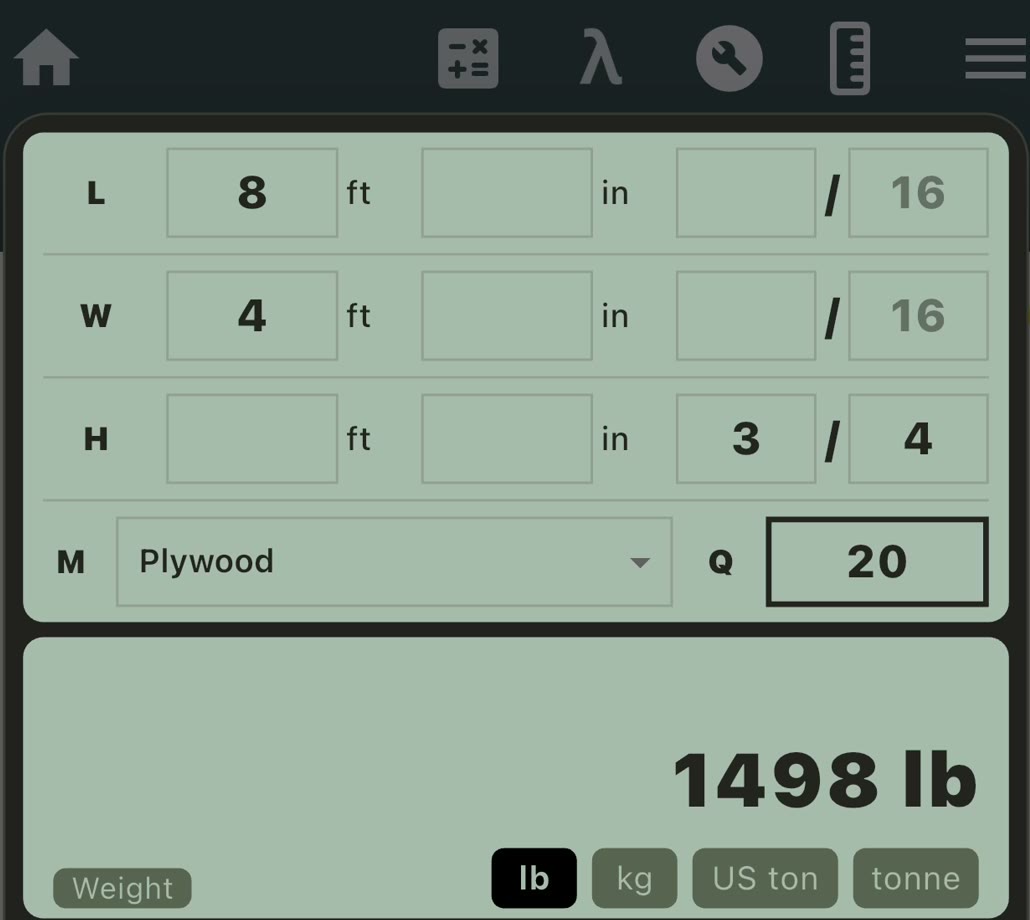 Plywood weight calculator with 8 foot length, 4 foot width, three-quarter-inch thickness and quantity 20