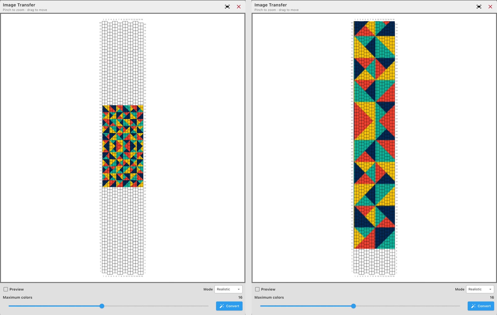 Side-by-side Image Transfer screens showing a picture before and after it is scaled across a Peyote bead grid.