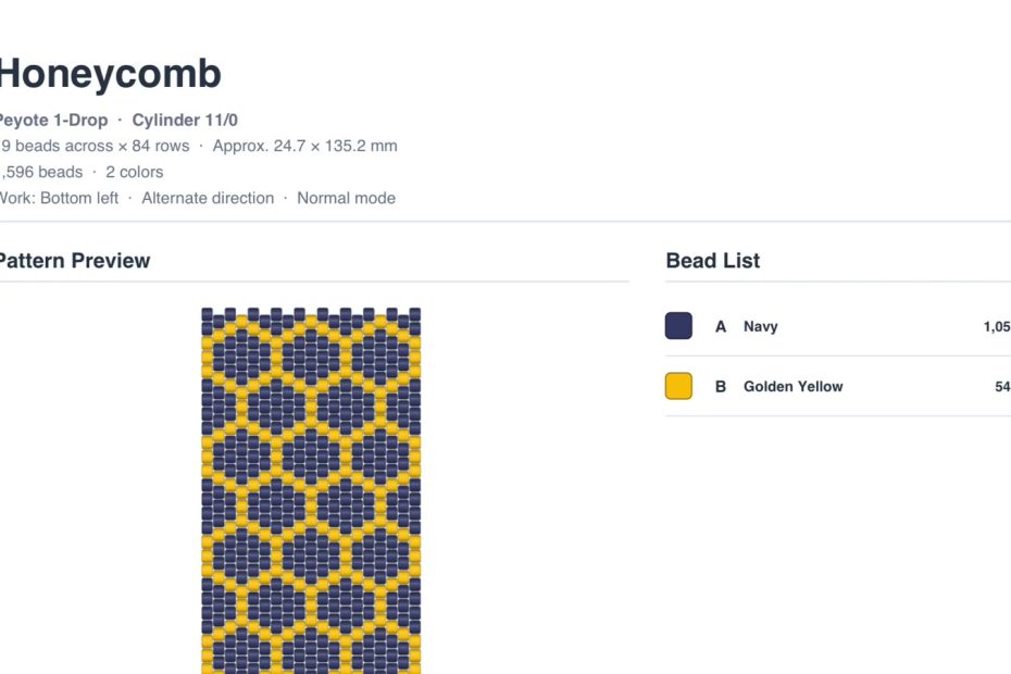 Printable Honeycomb peyote bead pattern PDF showing project details, pattern preview, and bead list with quantities.