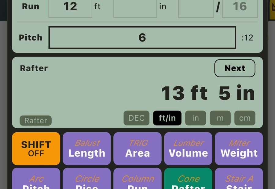 Rafter length calculator showing 13 ft 5 in for a 12 ft run and 6:12 roof pitch
