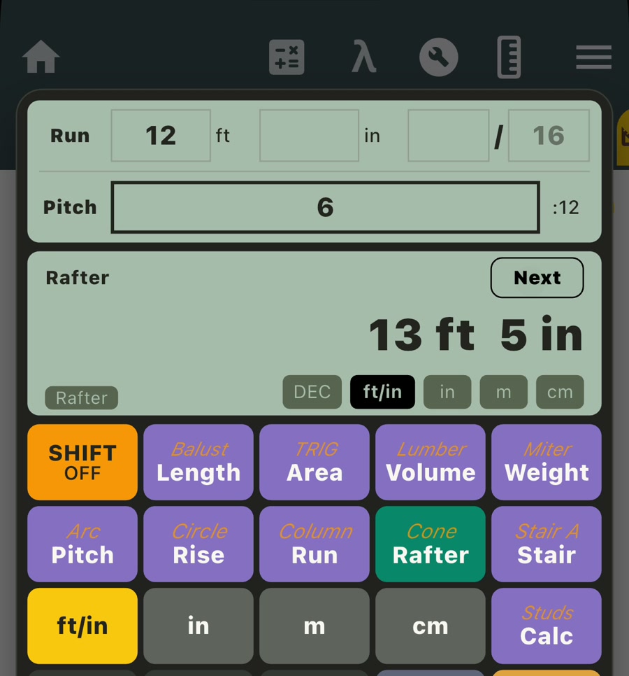 Rafter length calculator showing 13 ft 5 in for a 12 ft run and 6:12 roof pitch