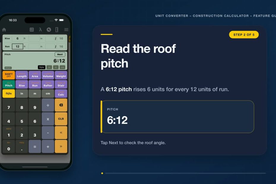 Roof pitch calculator app showing a 6 to 12 pitch from a 6-foot rise and 12-foot run