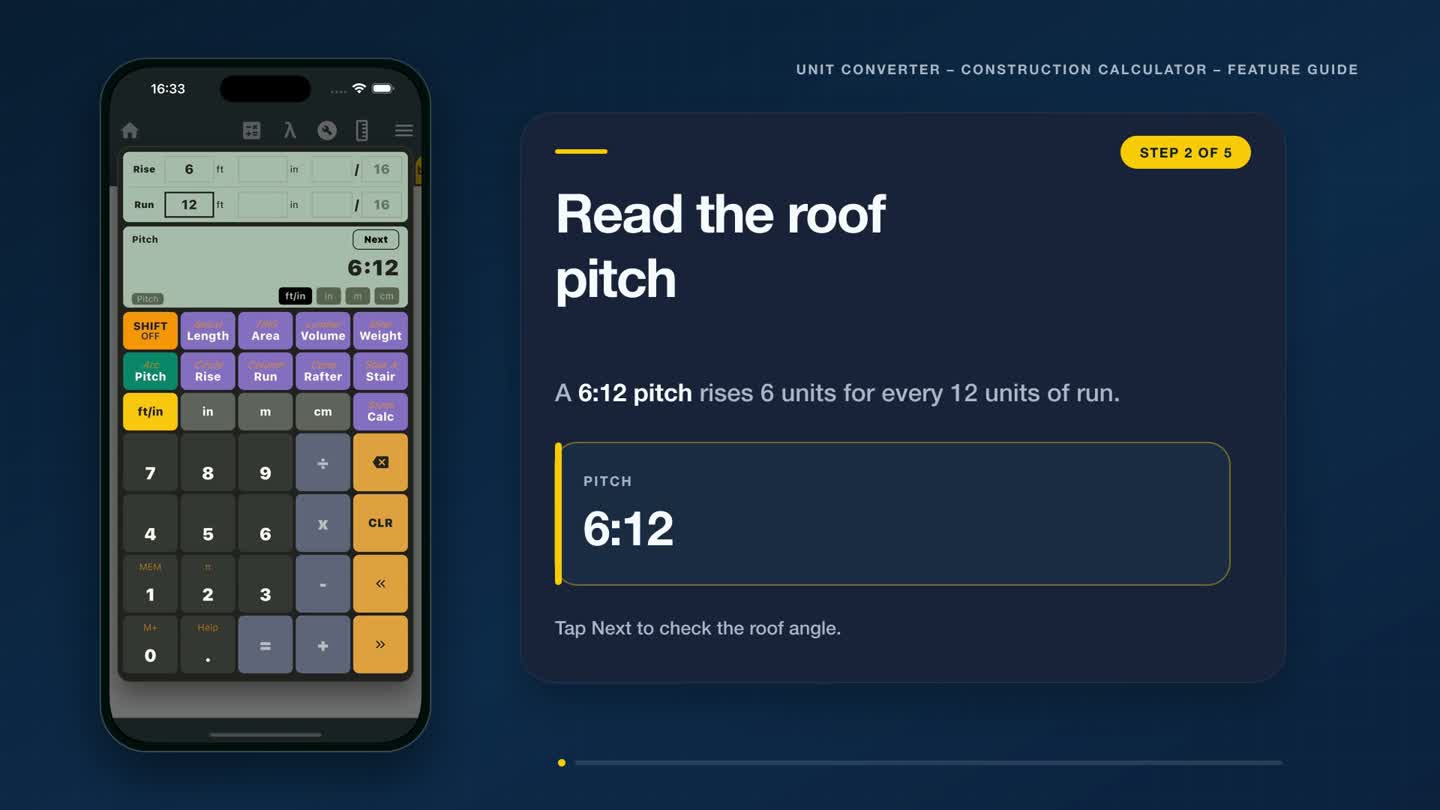 Roof pitch calculator app showing a 6 to 12 pitch from a 6-foot rise and 12-foot run