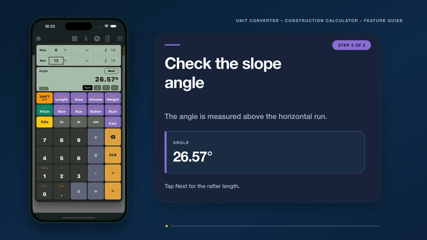 Roof pitch to degrees calculator showing a 26.57-degree angle for a 6 to 12 pitch