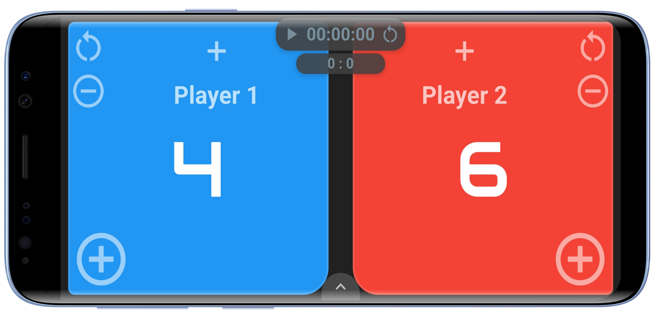 Scoreboard Plus two-player board showing blue and red score panels, plus and minus controls, rounds and a timer.