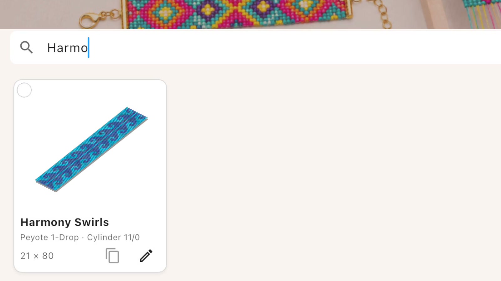 Bead Home search for Harmo narrowed to the saved Harmony Swirls bead pattern.