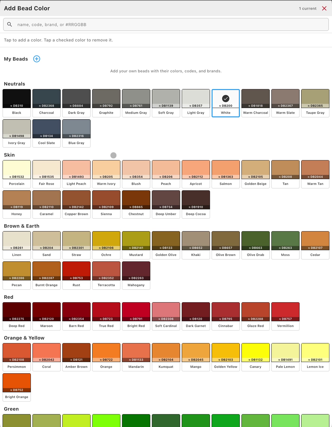 Seed bead color catalog with search, My Beads, grouped color families, names, and DB reference codes.