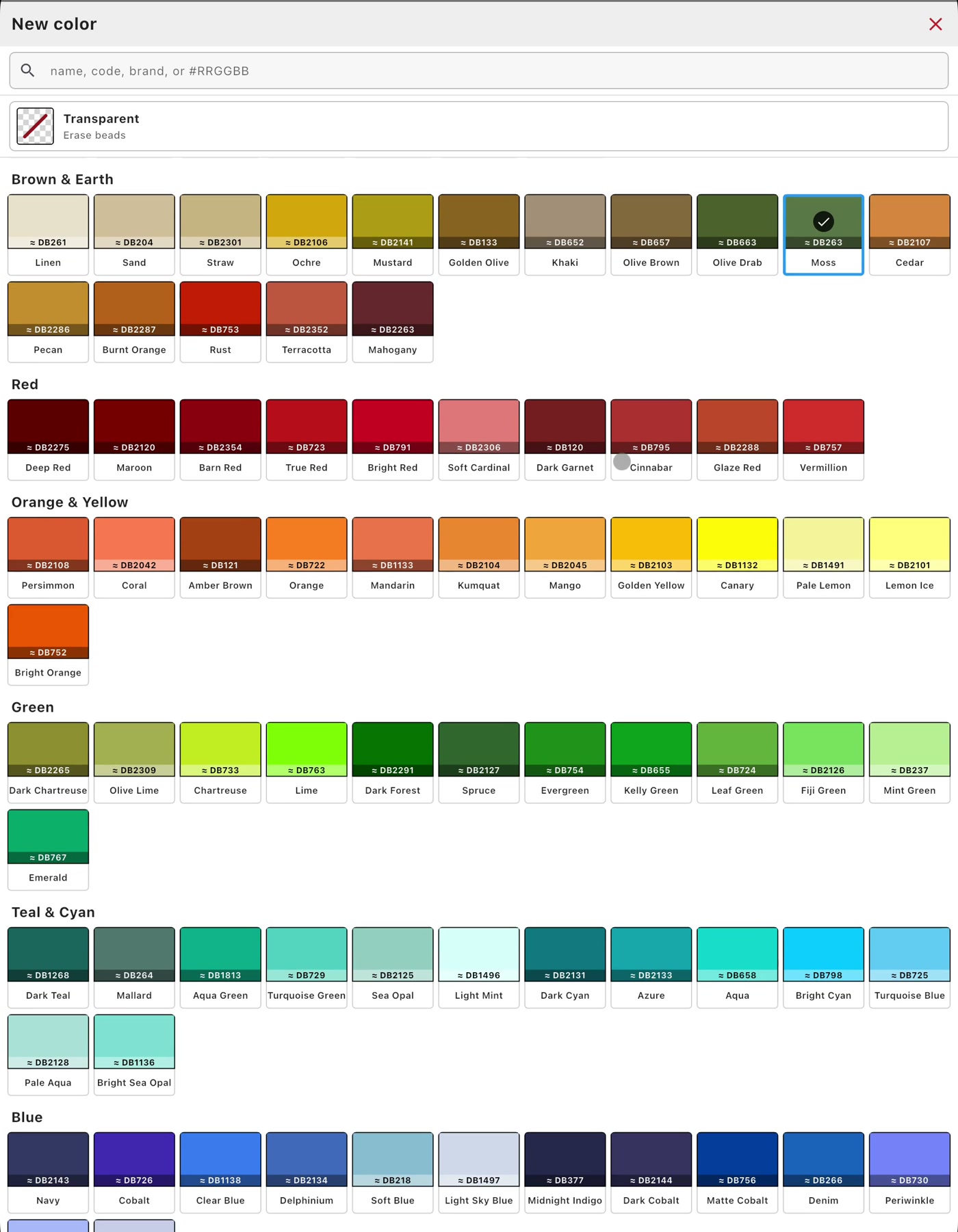 Searchable seed bead color palette grouped by color family with names and DB reference codes.