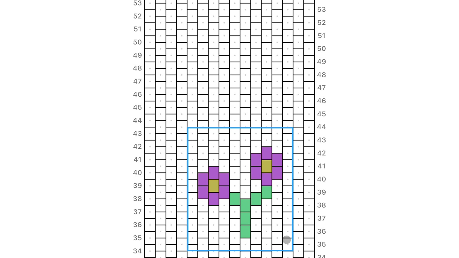 Two-flower Peyote motif enclosed by a blue 10 by 9 area-selection rectangle.