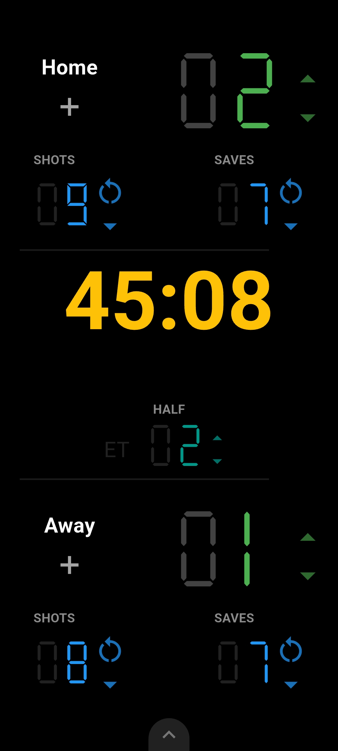 Portrait soccer scoreboard on Android with Home leading Away 2–1, a 45:08 clock, half 2 and separate shots and saves for each team.