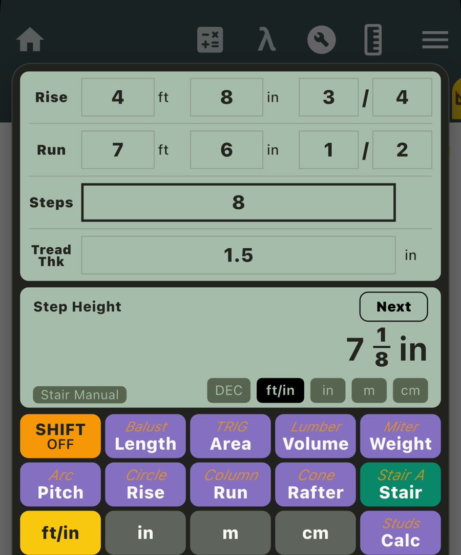 Stair calculator app showing a 7 1/8 inch step height from total rise, total run and 8 steps