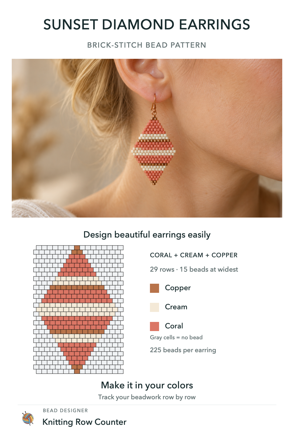 Sunset Diamond brick stitch earring design and chart in coral, cream and copper, with gray cells marking no bead.