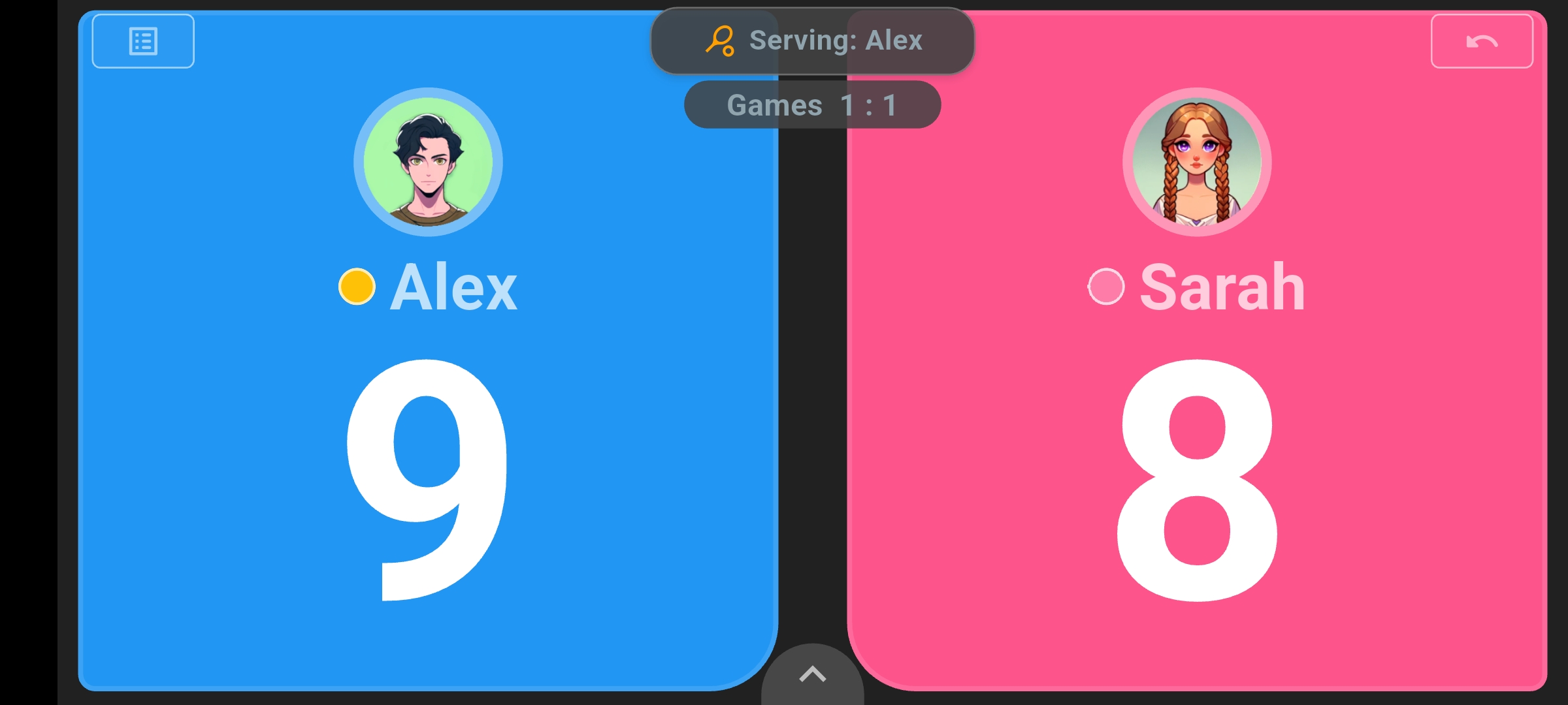 Table tennis scoreboard showing Alex leading Sarah 9–8, Alex serving and the match level at one game each.