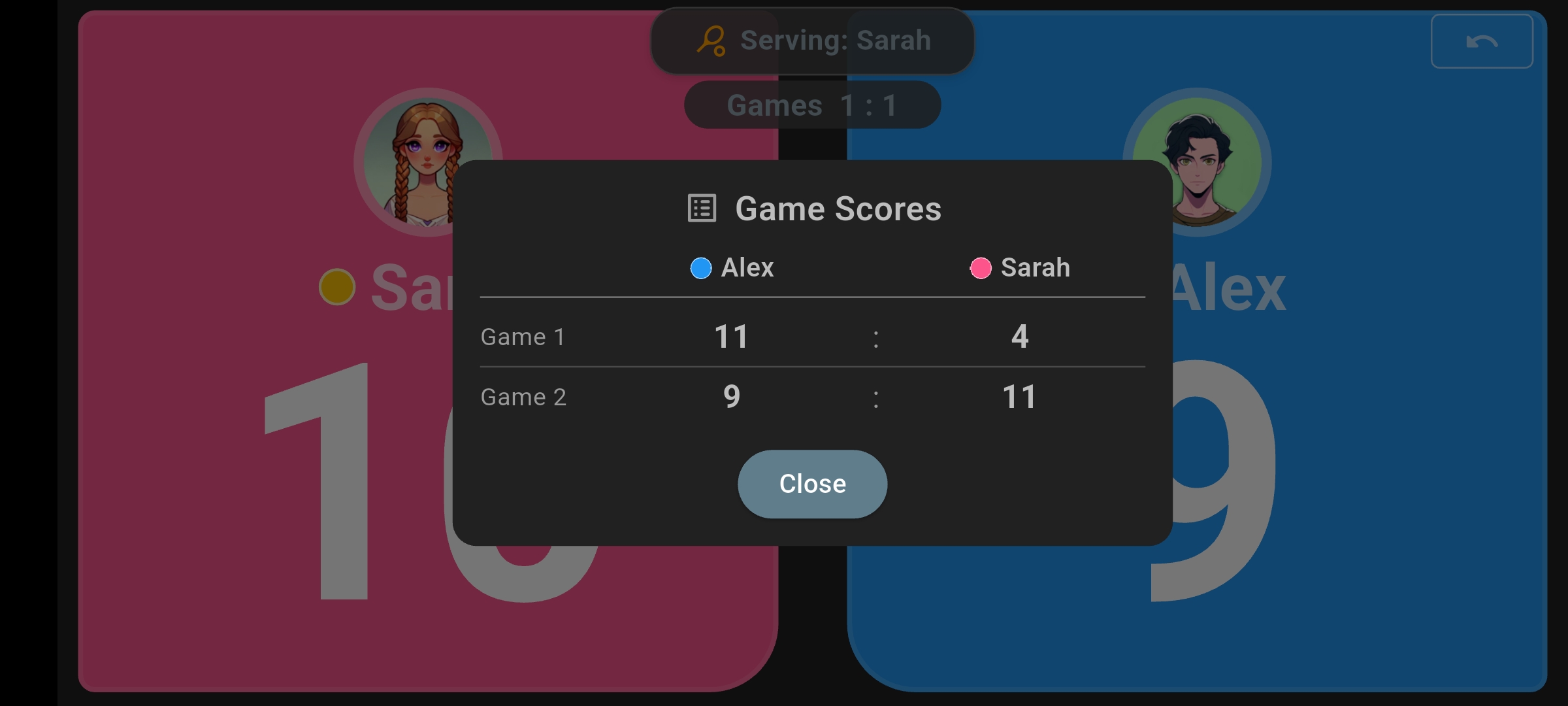 Game Scores panel showing Alex winning the first game 11–4 and Sarah winning the second game 11–9.