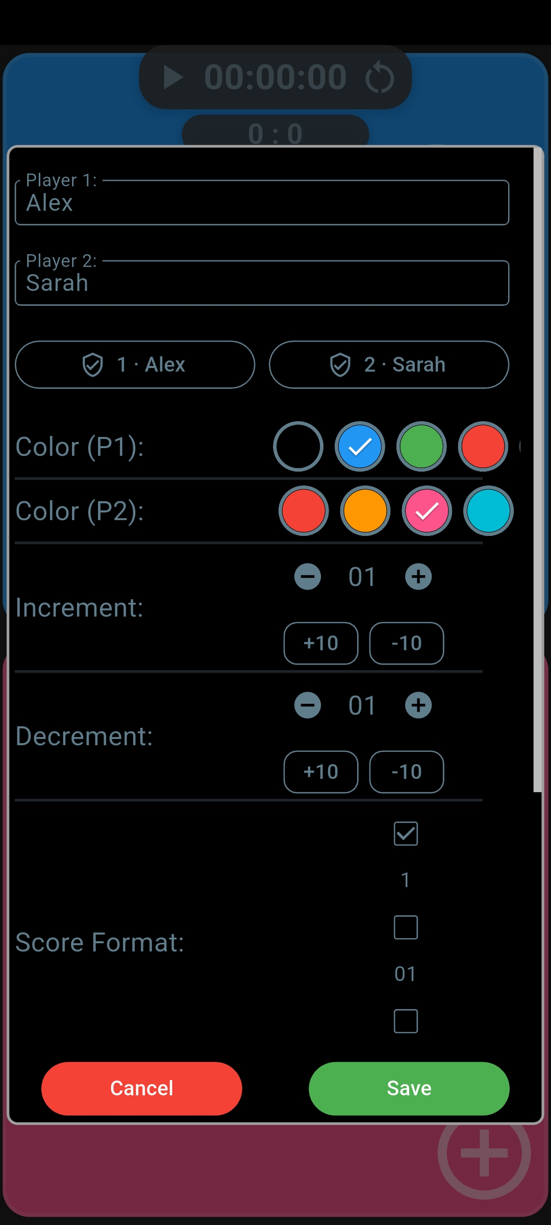 Two Player settings showing Alex and Sarah, profile selections, blue and pink player colors, and separate Increment and Decrement controls.