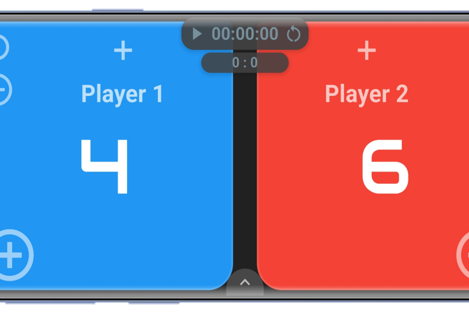Landscape two-player scoreboard with blue and red panels showing scores 4 and 6, plus and minus buttons, a timer and separate round totals.