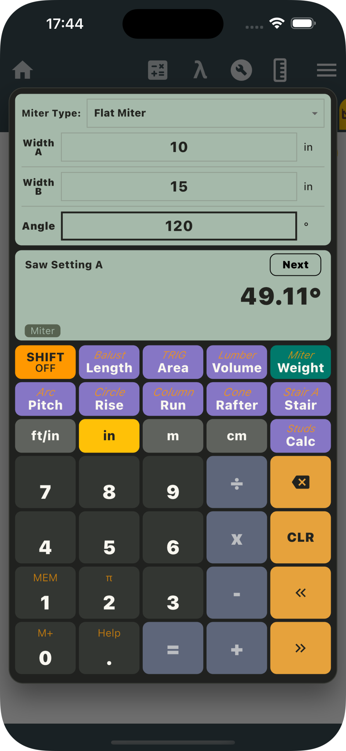 Unit Converter Flat Miter with Width A 10 inches, Width B 15 inches and a 120-degree joint, showing Saw Setting A 49.11 degrees.