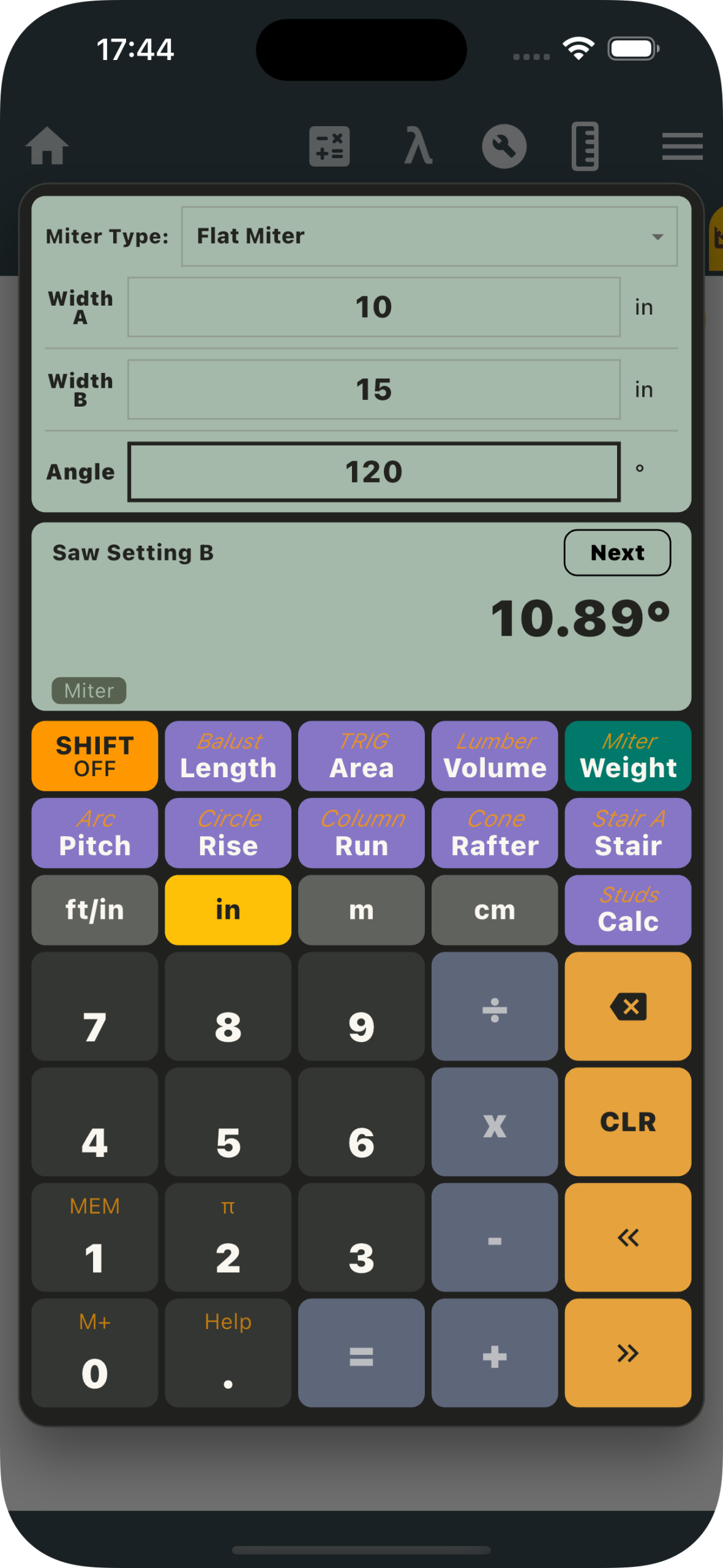 Unit Converter Flat Miter with Width A 10 inches, Width B 15 inches and a 120-degree joint, showing Saw Setting B 10.89 degrees.