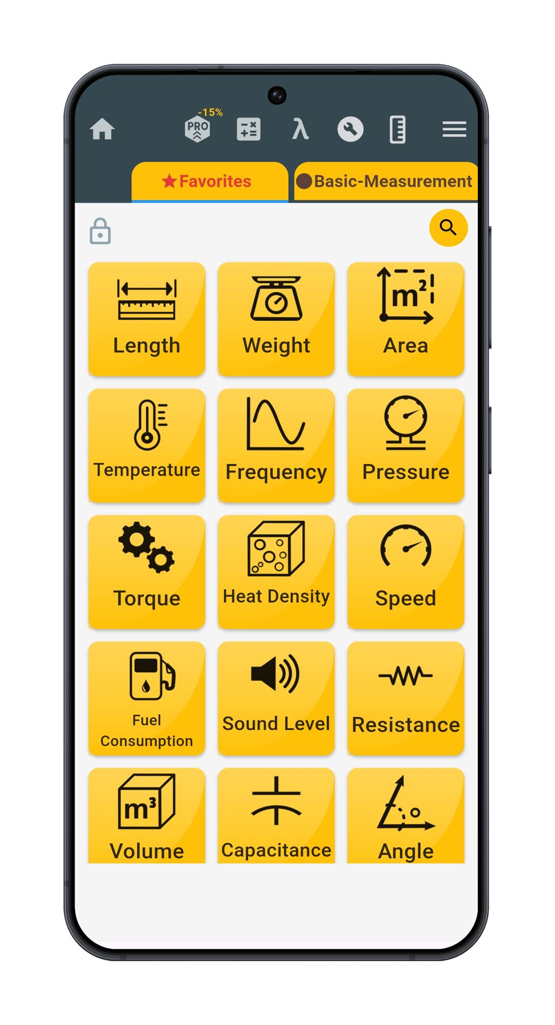Unit Converter for Android showing categories for length, weight, area, temperature, pressure, speed, volume, and other measurements