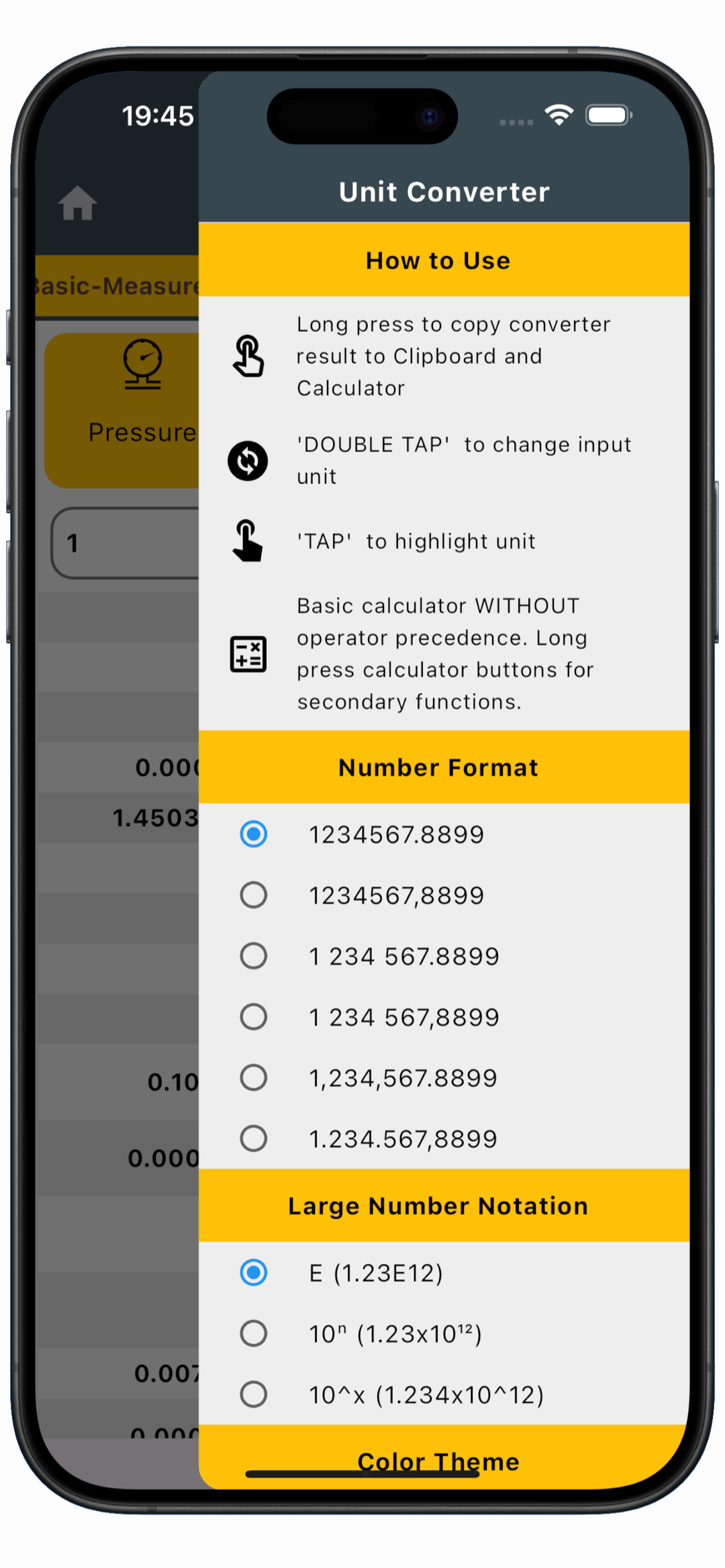 Unit Converter settings on iPhone showing number formats, large-number notation, and usage gestures