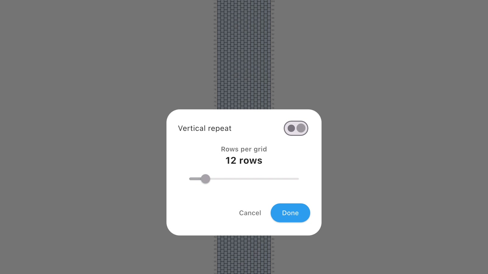 Vertical Repeat setting enabled with Rows per grid set to 12 rows in Bead Designer.