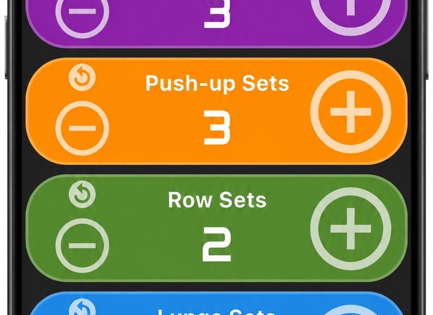 Multi Counter workout example showing Squat Sets 3, Push-up Sets 3, Row Sets 2, Lunge Sets 2 and Curl Sets 0, with a timer at 00:24:30.